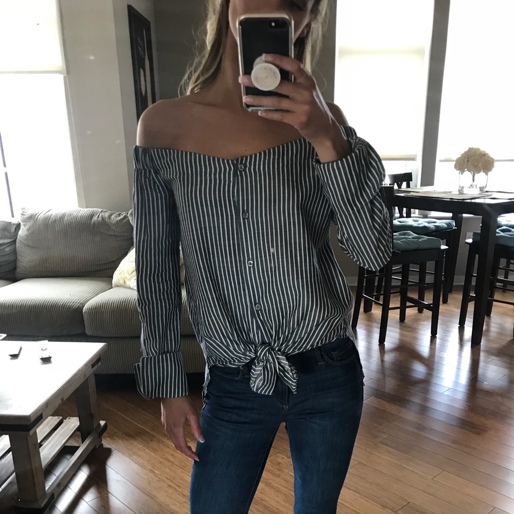 Olivaceous Chambray striped off the shoulder top